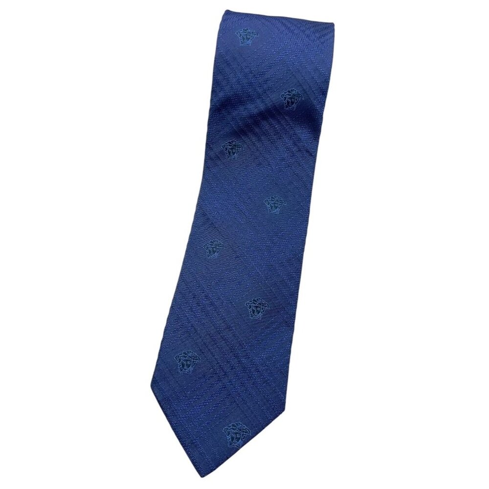 VERSACE Men's 100% Silk Necktie LUXURY Tie Blue Tartan Monogram Logo W:3.2" EUC